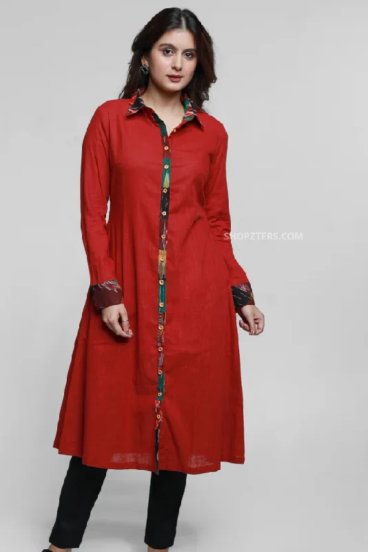 Maroon Cotton Shirt Style Kurta with Patch Work