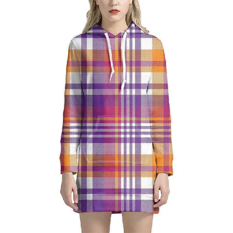 Purple And Orange Madras Plaid Print Pullover Hoodie Dress