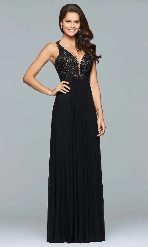 Faviana - 8000 Lace Appliqued Long Mesh V-Neck Dress